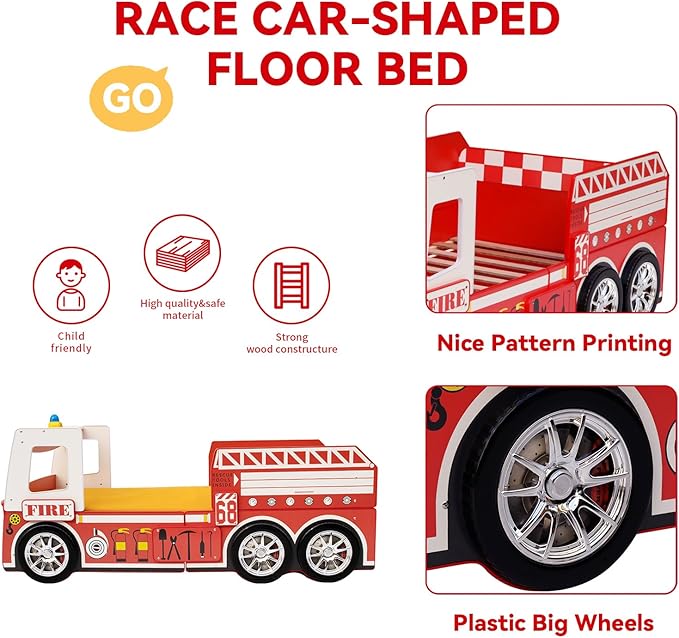 Bed Frames for Kids Fire Truck-Shaped Wooden Platform Bed Frame with LED Lights, Bed Platform with Wood Slat Support, Twin Size Chidren Bed Frame of Car Design,Fits Standard Twin Mattres(Red)