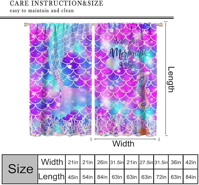 Dream Mermaid Curtains for Kids Boys Girls Ocean Theme Colorful Rainbow Fish Tail Blackout Window Treatment for Bedroom Nursery Room Decor Window Drapes 42" W X 63" L