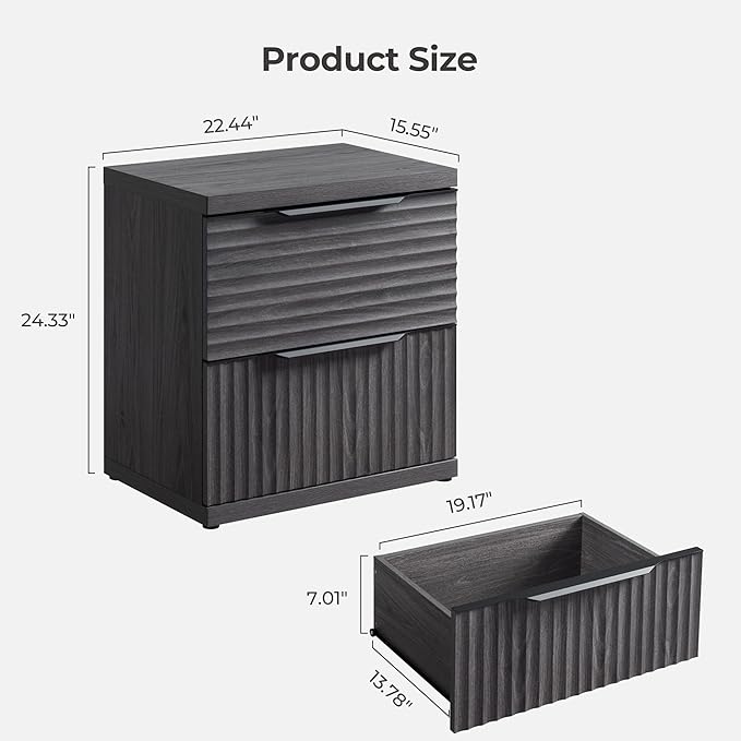 SICOTAS Fluted Night Stand Set 2 - Modern Nightstand with 2 Large Drawers, 22 Inch Wide Bedside Table for Bedroom, Mid Century Bed Side Tables Bedroom, Dark Grey Alder