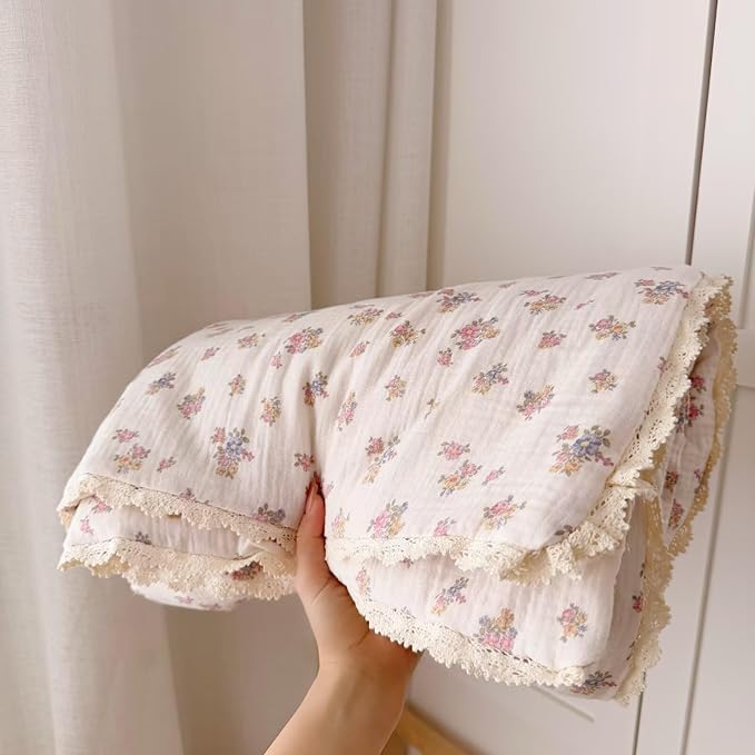 BuLuTu Chic Tuberose Flower Pattern Kids Toddler Girls Quilted Blanket with Lace Edges, 2 Layers Cotton Muslin Comforter Lightweight Pink Blue Floral Toddler Bed Blankets, 47x59 Inches