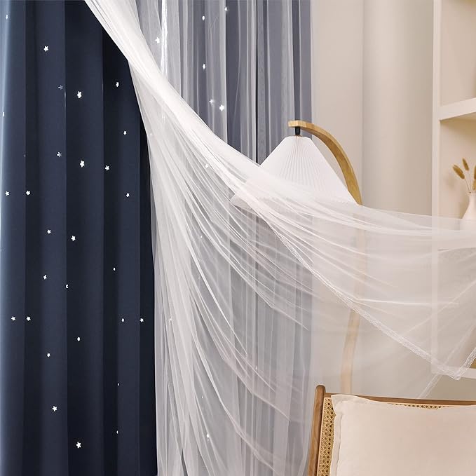 Kinryb Kids Blackout Curtains for Bedroom/Living Room/Classroom, Sheer Overlay Small 2 Panel Set, Double Layer Curtains with Star Cutout for Kids Room(W 52 x L 45 Inches,Stone Blue 2 Pcs)