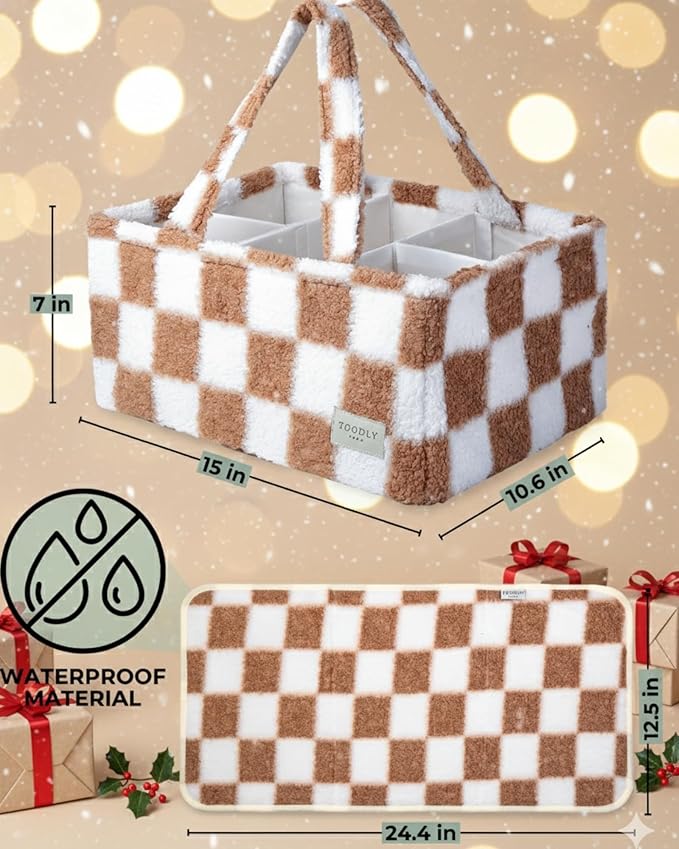 Checkered Diaper Caddy Organizer with Portable Changing Mat - Teddy Fleece Diaper Organizer for Changing Table - Caddy Organizer with Removable Dividers - Light Taupe and White