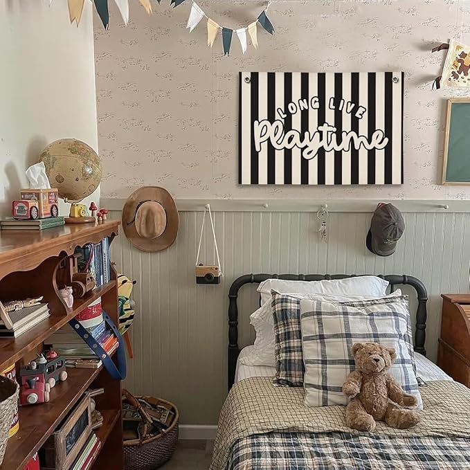 Playroom Decor, Long Live Playtime Wall Hanging Linen Banner, Blue Striped Wall Flag for Kids Room Nursery Playroom Decor, 20x30 Inch-Black