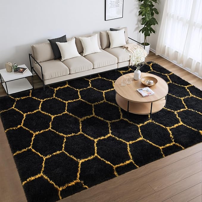 Meralax Hexagon Gold/Black Rugs for Living Room Bedroom, 5x8 Soft Area Rug Fluffy Shaggy Bedside Rug, Machine Washable Indoor Floor Carpet for Kids Boys, Dorms, Nursery Rooms, Home Decor Aesthetic