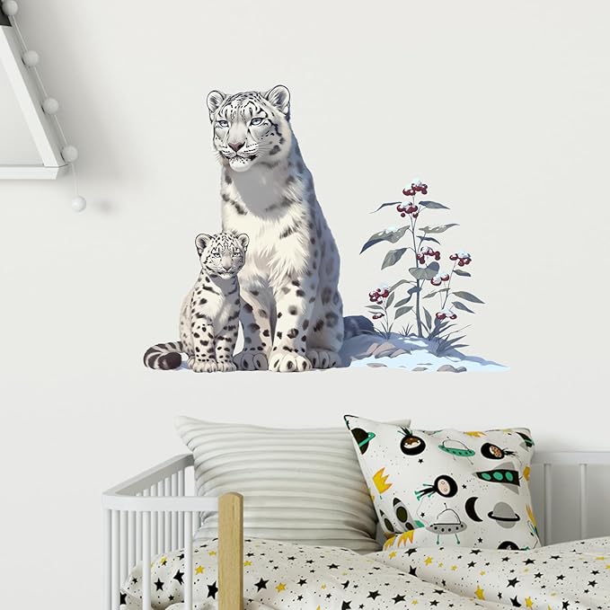 Cute Snow Leopard with Cub On The Snow Wall Decal Nursery Animal Wall Sticker Removable Peel and Stick Wall Art Decor for Kid Baby Classroom Preschool Living Room Playroom Bedroom School
