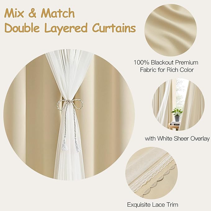 XiDi Beige Blackout Curtains with Sheer Overlay for Living Room Bedroom 63 Inches Long 2 Panels Mix & Match Double Layer Thermal Insulated Beige Window Drapes with Tiebacks Grommet Top W34 x L63