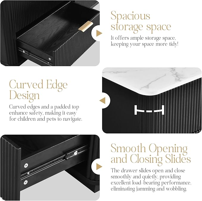 Fluted 6 Drawers Dresser with Charging Station, 55" Wide Modern Chest of Drawers with Faux Marble Top, Wooden Dresser TV Stand, Wood Drawer Organizer for Bedroom, Living Room, Hallway, Black