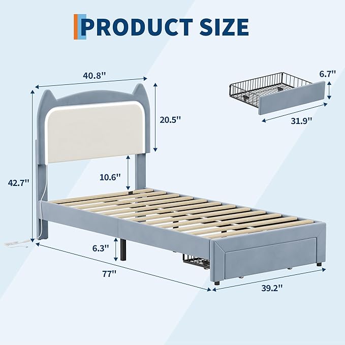Twin Size Princess Bed Frame with LED Lights & Storage Drawer - Blue Velvet Upholstered Cat Headboard Platform Bed for Kid- Sturdy Wood Slats, No Box Spring Needed, App & Remote Control, Blue & White
