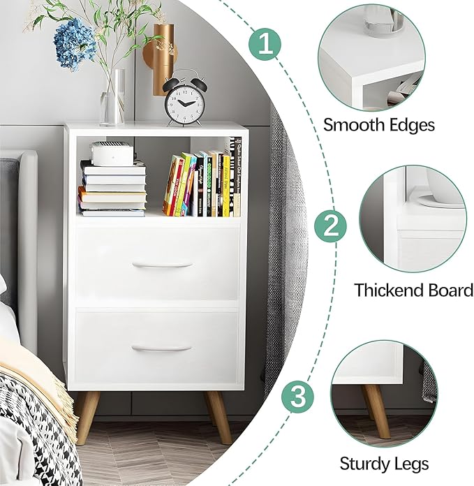 Night Stand, White Kids Nightstand with Fabric Drawers, Nursery Side Table with Open Storage, 3-Tier Modern End Table, Bedside Table for Small Space, Living Room, Bedroom
