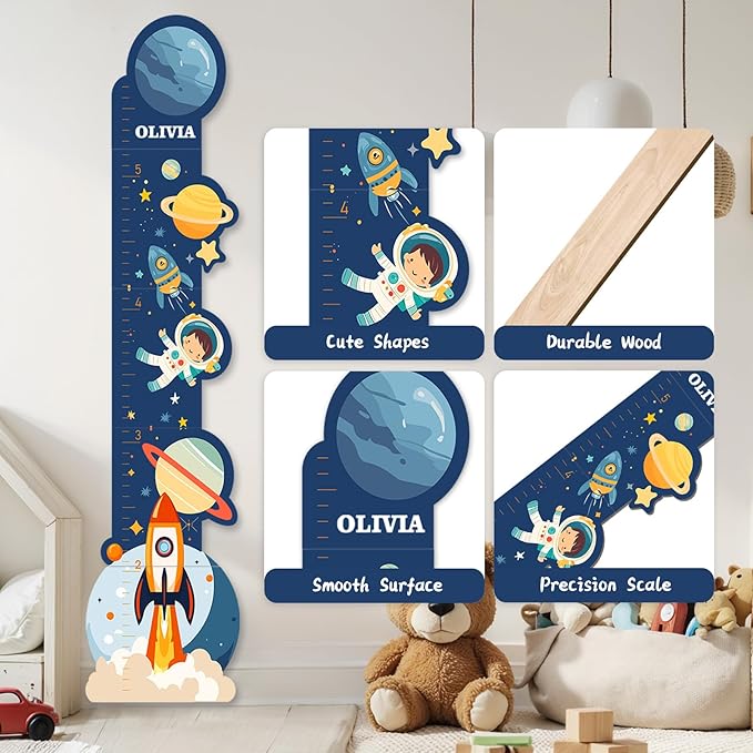 Personalized Name Wooden Growth Chart Wall Decor – Kids' Space Height Measurement Chart for Baby, Boys & Girls Room 62.5" x 15.5"