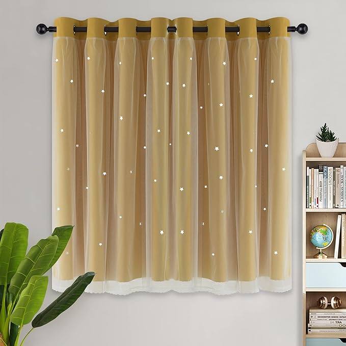 Kinryb Blackout Curtains for Girl Bedroom/Living Room/Classroom, Sheer Overlay Small 2 Panel Set, Double Layer Curtains with Star Cutout for Kids Room(W 52 x L 45 Inches,Yellow 2 Pcs)