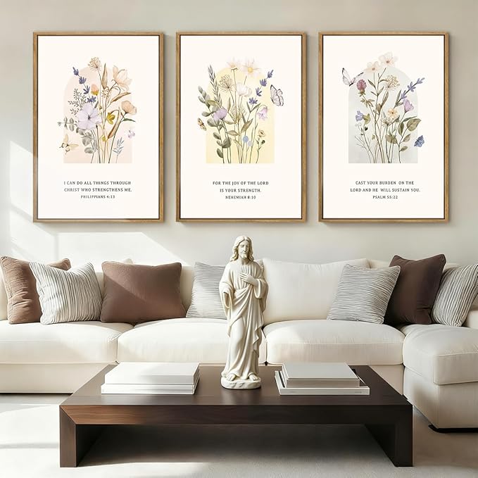 IARTTOP Extra Large Christian Bible Verse Scripture Wall Art Framed 24x36 Inches Set of 3 Minimalist Botanical Floral Religious Farmhouse Canvas Wall Decor for Church Living room Dining room