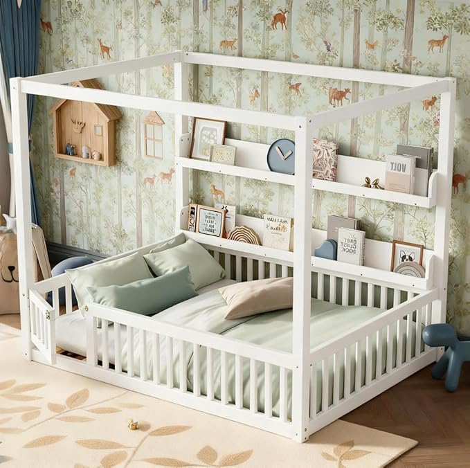 Bellemave Canopy Floor Bed Full Size with Safety Fence and Bookcase,Built in Four Poster Design,Full Montessori Floor Bed Frame for Toddlers,Kids,Boys,Girls,No Spring Box Needed（Full,White）