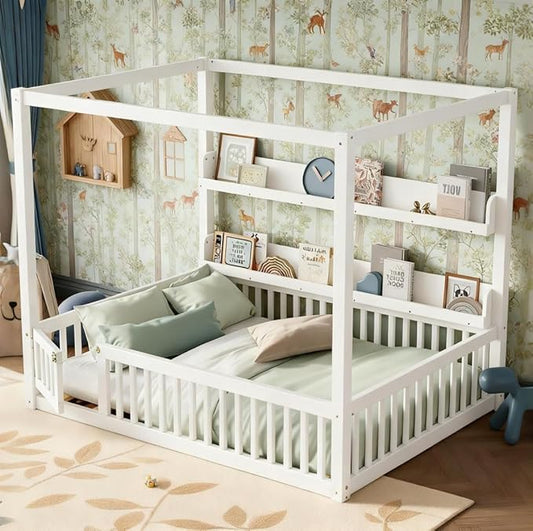 Bellemave Canopy Floor Bed Full Size with Safety Fence and Bookcase,Built in Four Poster Design,Full Montessori Floor Bed Frame for Toddlers,Kids,Boys,Girls,No Spring Box Needed（Full,White）