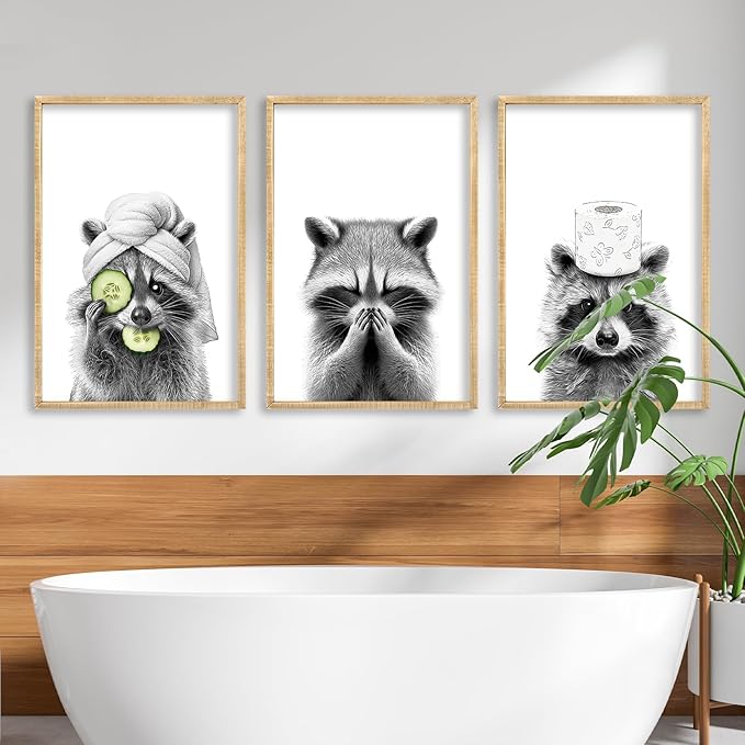 Funny Bathroom Adorable Raccoon Wall Art Decor 16x11 Inch Set Of 3 Laundry Animal Prints Wooden Framed Signs Rustic Washroom Interesting Modren Artwork Wall Hanging Deoration (Wood)