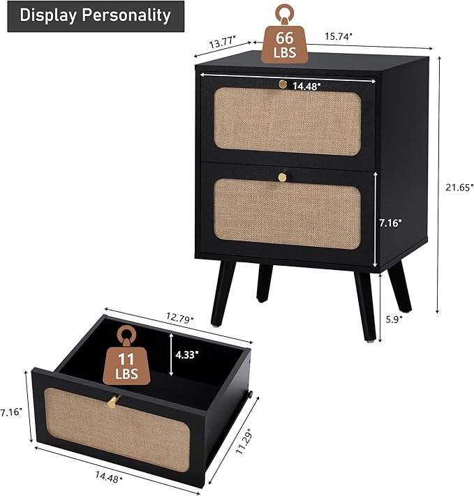 16" Wood Nightstand Set of 2, Farmhouse End Table with 2 Storage Drawer, Modern Bedside Table with Linen Decor, Minimalist Night Stand for Living Room, Bedroom & Small Space (Black)