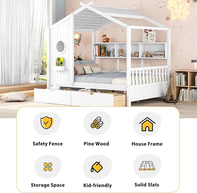 Bellemave Full Size House Bed with 2 Storage Drawers,Full Kids Bed with Storage Shelves,Wooden House Bed Frame for Girls,Boys,Can be Decorated,White