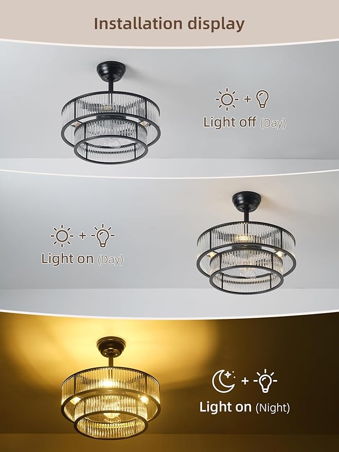 Black Fandelier Ceiling Fans with Lights, 20" Black Crystal Chandelier Ceiling Fan with Light Remote Control, Caged Mid Century with 6 Speeds for Bedroom, Living Room, Nursery