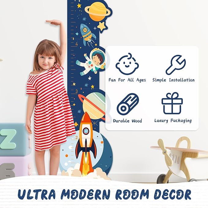Personalized Name Wooden Growth Chart Wall Decor – Kids' Space Height Measurement Chart for Baby, Boys & Girls Room 62.5" x 15.5"