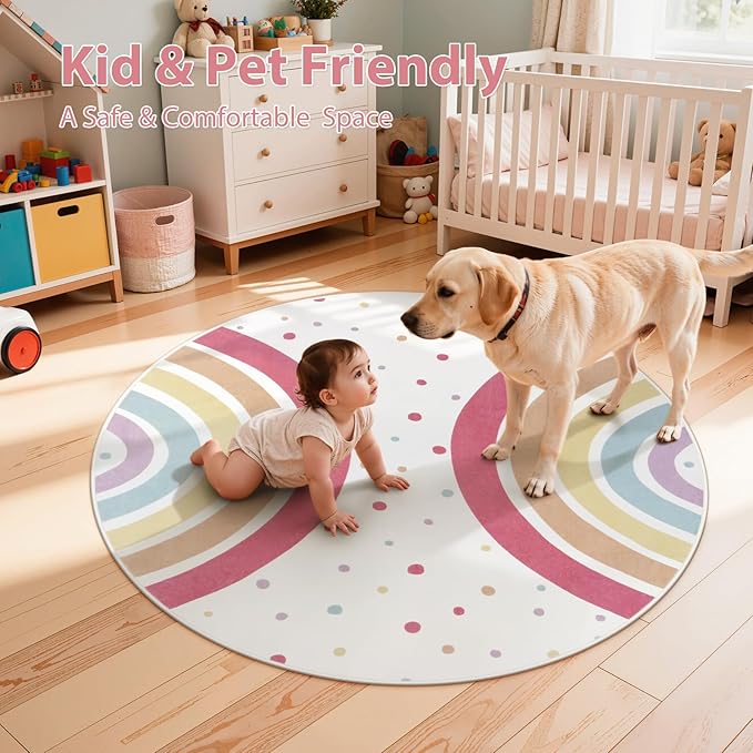 STARUIA Round Rainbow Rug for Girls Bedroom, 4 Ft Washable Kids Rug for Baby Nursery, Non-Slip Circle Area Rug Colorful Princess Carpet for Teen Dorm Playroom Tent