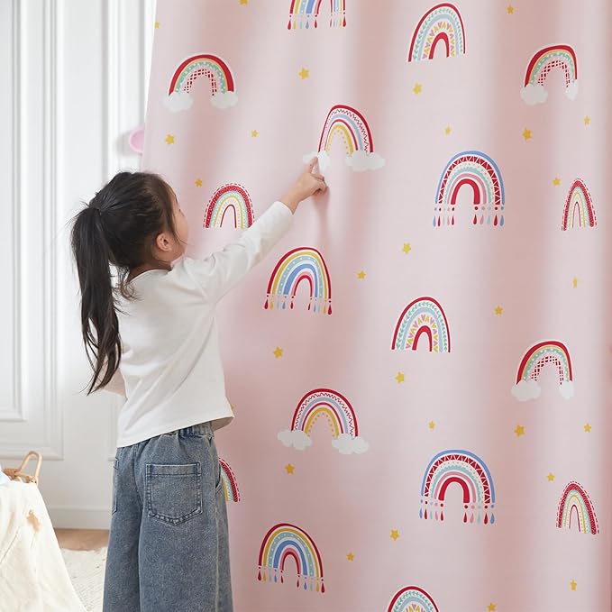 Vangao Boho Girls Blackout Curtains Pink for Kids Room 84 Inch Length, Rainbow Window Drapes for Living Room Nursery Thermal Grommet Insulated Room Darkening Curtains Bedroom, 2 Panels