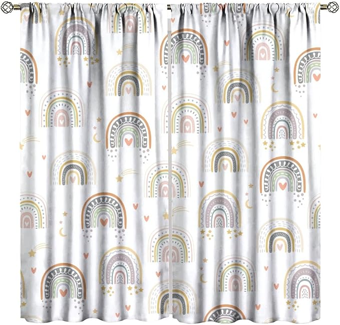 Kids Rainbow Curtains Boho Cartoon Colorful Stars Love Heart Lovely Abstract Art Pattern Print Window Drapes for Girl Bedroom Living Room Kitchen Decor,2 Panel Set,63Wx63H Inch Blackout