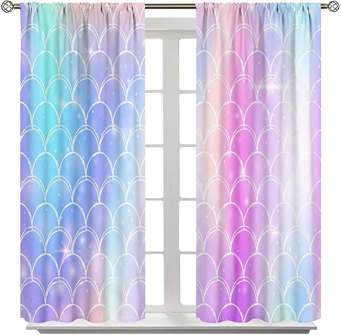 Mermaid Blackout Curtains, Kids Cartoon Blue and Pink Ocean Mermaid Scale Pattern Decoration for Girls Bedroom Nursery Curtains 52x84 Inch