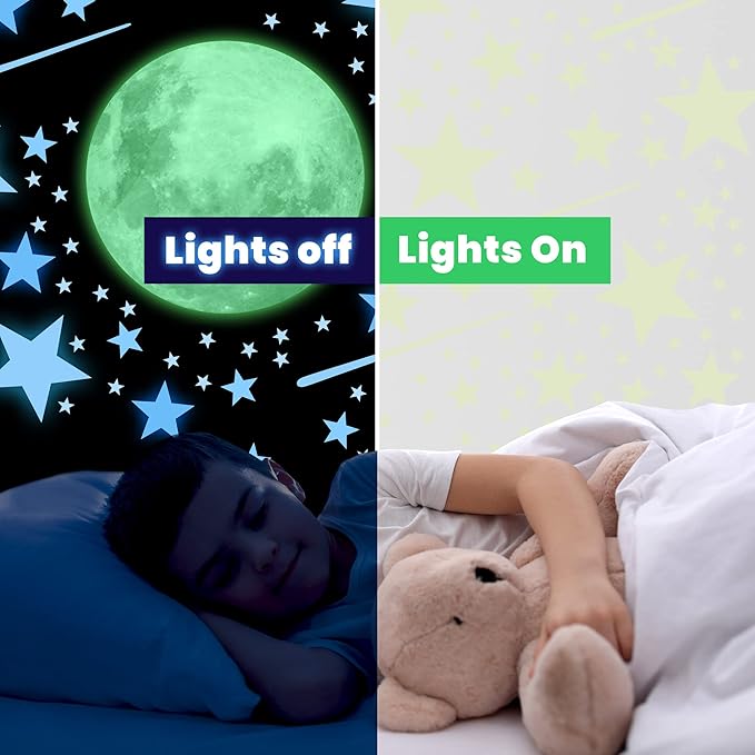 Glow in The Dark Moon and Stars Wall Decal, Luminous Wall Decor, Sticky Fluorescence Moon, Gift for Boy and Girl Perfect for Kids Nursery Bedroom Living Room (Blue)