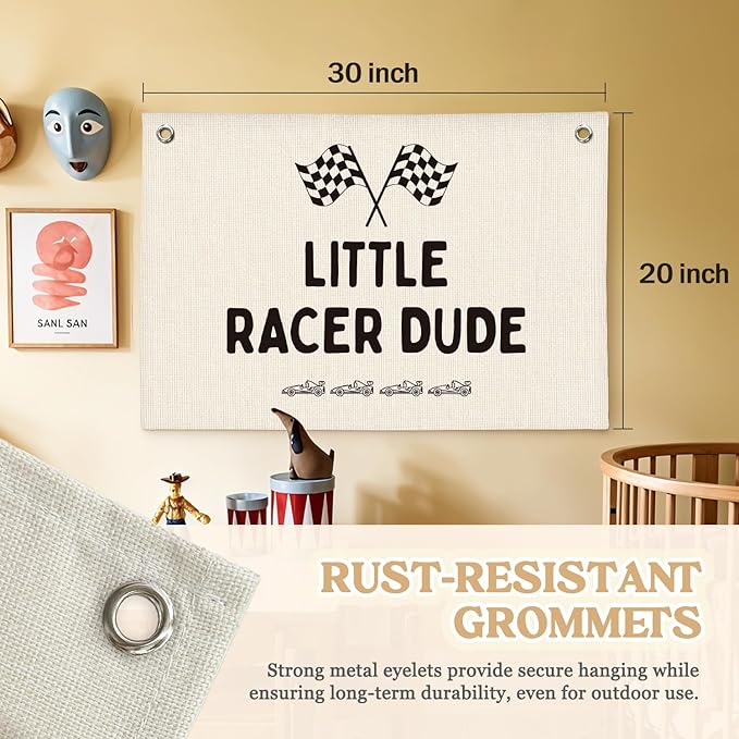 Little Racer Dude Canvas Banner – Race Car Room Decor for Boys, Toddler Boy Wall Hanging for Bedroom or Playroom, 30x20 Inch