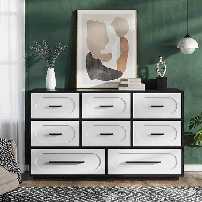 Modern 8 Drawers Dresser for Bedroom, 54" Wide Dressers & Chests of Drawers w/Solid Wood Handle, Mid Century Dresser TV Stand w/Natural Texture for Bedroom, Living Room, White