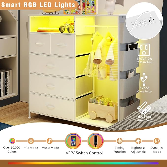 Dresser for Bedroom with Clothes Rack Side Pockets White 5 Drawers Dresser with Charging Station LED Lights Sturdy Steel Frame Wood Top Organizer Unit for Nursery Hallway Closet