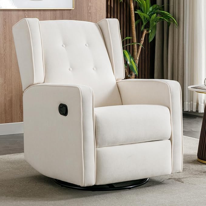 CANMOV Swivel Rocker Recliner Chair, Nursery Glider Chair, Nursery Rocking Chairs, Manual Reclining Chair, White