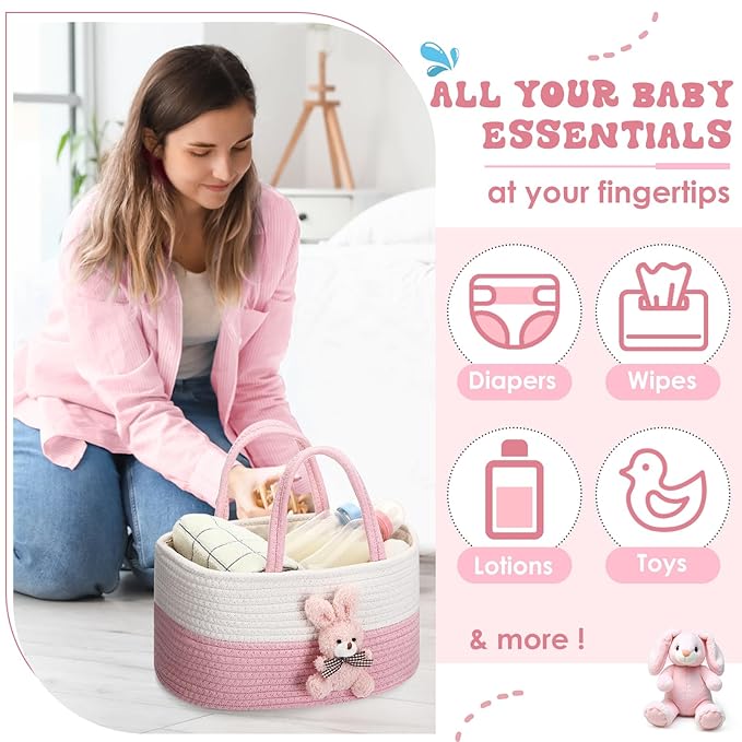 Bunny Baby Diaper Caddy Organizer Cotton Rope Nursery Storage Bin Basket Baby Shower Basket Gift Portable Holder Tote Bag with Handle for Changing Table Car Travel Registry Newborn Gift
