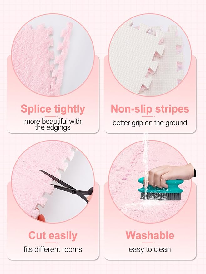 ANPHSIN 12 pcs Thickened Foam Interlocking Floor Mats, Fluffy Plush Mats for Baby with Edgings, Soft Anti-Slip Puzzle Area Rug Playmat, Square Tiles Room Flat (11.8 in, Pink)