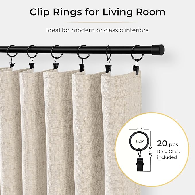 INOVADAY 100% Blackout Curtains for Bedroom, Black Out Curtains 96 Inch Long, Clip Rings Linen Blackout Drapes, Thermal Insulated Room Darkening for Living Room, 1 Panel - Cream,W102xL96