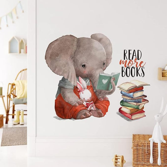 Mfault Inspirational Elephant Bunny Read More Books Wall Decals Stickers, Motivational Rabbit Animals Nursery Decorations Classroom Bedroom Art, Watercolor Neutral Toddler Kids Room Home Decor Gift