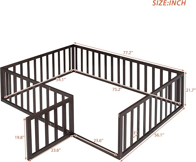 Merax Full Floor Bed with Safety Guardrails and Door, Wood Montessori Floor Bed Frame for Kids, Full Playhouse Bed Frame for Baby Girls and Boys, Walnut
