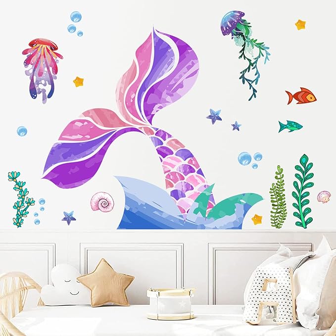 LiveGallery Removable 3D Under The Sea Rainbow Colorful Mermaid Tail Blisters Wall Sticker DIY Ocean Fish Jellyfish Seaweed Wall Decal Decor for Kids Girls Princess Room Bedroom Living Room