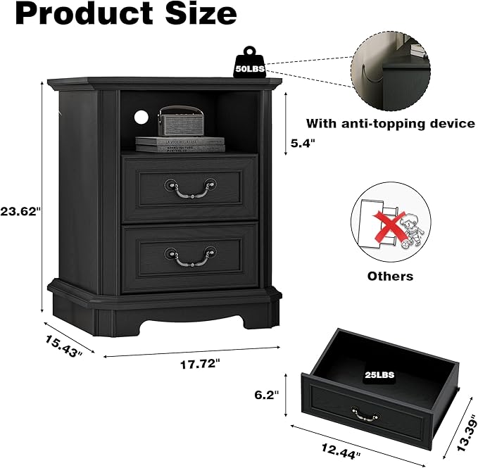 Farmhouse Nightstand with Charging Station, 18" Side Table with 2 Storage Drawers, Rustic Wood Night Stand with Metal Handle, Wooden Bedside End Table Small Dresser for Bedroom, Living Room, Black