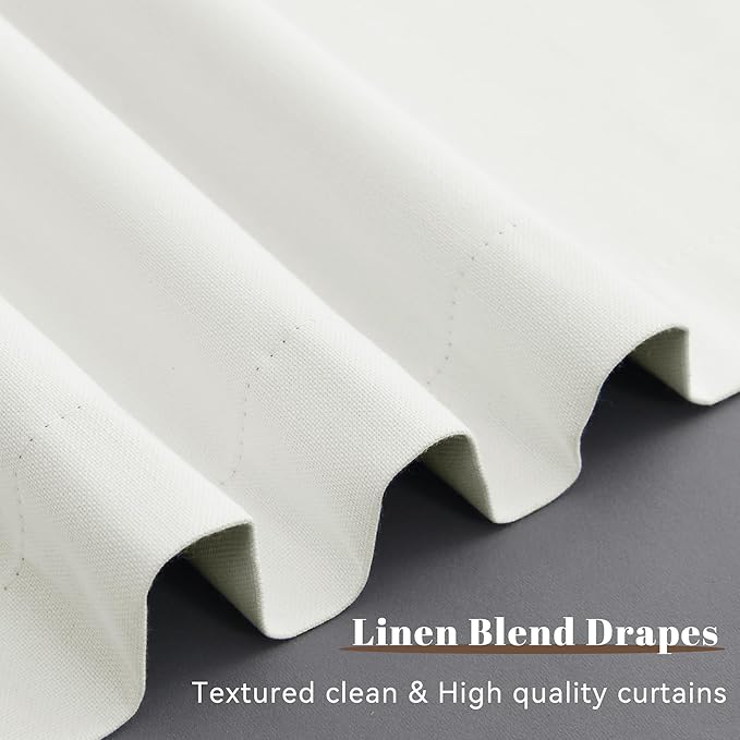 Guken Ivory Linen 100% Blackout Curtains for Bedroom 90 Inches Long 2 Panels Set Textured Hook Belt Light Blocking Thermal Insulated Soundproof Privacy Back Tab Bedroom Backdrop Cream Nautral 52x90