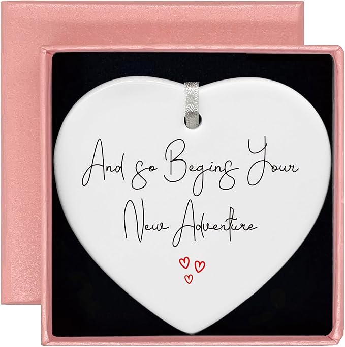 Heart Shaped Christmas Ornament-and So Begin Your New Adventure-Funny Engagement Gift for Bride Bridal Shower Newly Engaged Wedding Keepsake with Gift Box