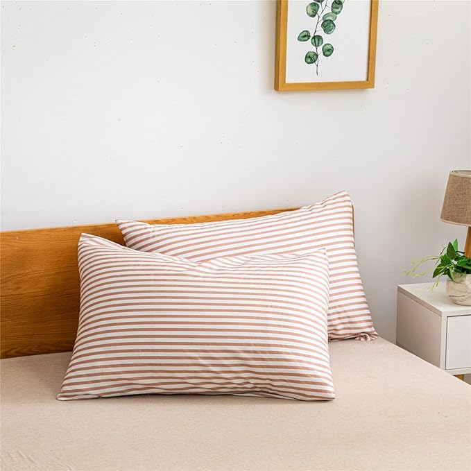 JELLYMONI 100% Natural Cotton 2pcs Striped Duvet Cover Sets,White Duvet Cover with Pink Stripes Pattern Printed Comforter Cover,with Zipper Closure & Corner Ties(Twin Size)