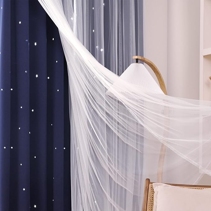 Kinryb Sheer Overlay Curtains for Girls Bedroom, W52xL84 Inches, 2 Panel Navy Blue Star Cutout Curtains with 2 Free Tiebacks