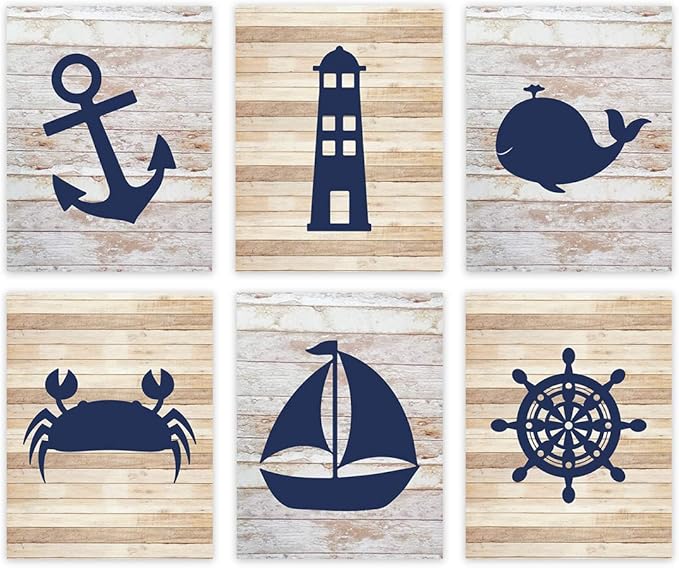 Andaz Press Ocean Nautical Sailor Theme Nursery Kids Bedroom Hanging Wall Art Decor, 8.5x11-inch, Rustic Distressed Wood, Anchor, Lighthouse, Whale, 6-Pack, Unframed Room Poster