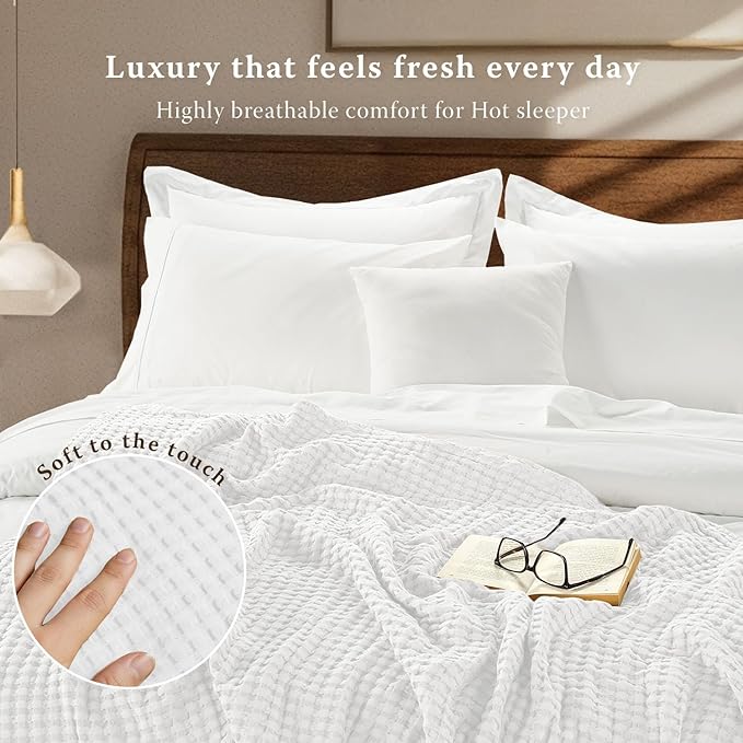 Threadmilll Cooling Cotton Waffle Queen Size Blanket | Breathable, Lightweight & Ultra-Soft | Made from Rayon Derived from Bamboo | Cooling Throw Blanket for Couch and Sofa | 90 x 92 Inches | White