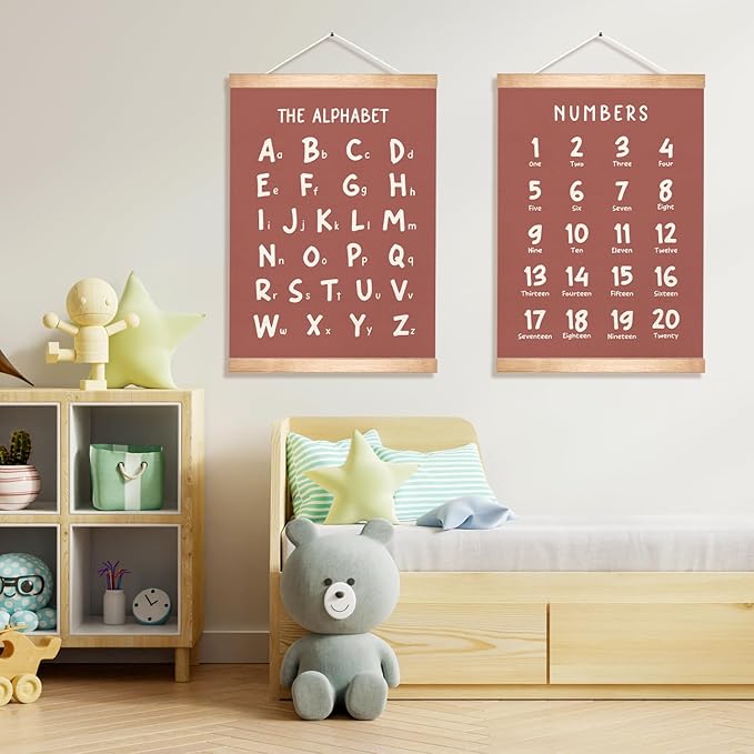 Kids Alphabet and Numbers Educational Chart Set of 2 for Classroom Decor,Colorful Educational Poster for Toddlers 1-3,Toddler Learning Poster for Kids Ages 3-5 for Nursery Playroom,Classroom Must Haves 14x18.5Inch(Brown)