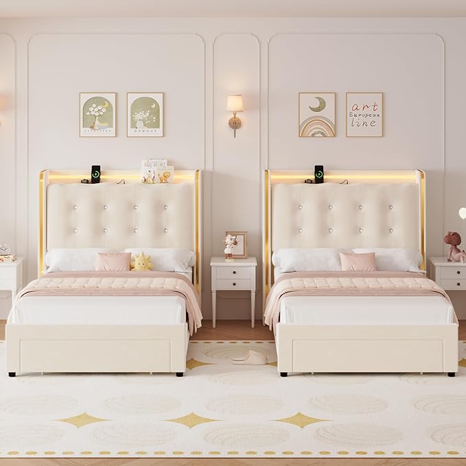 HITHOS Upholstered Twin Led Bed Frame with Charging Station and Storage Drawer, Velvet Princess Platform Bed Frames with Crystal-Button Tufted Headboard for Girls | Kids, No Box Spring Need, Beige