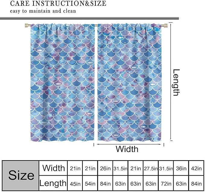 Mermaid Blackout Curtains, Kids Cartoon Blue and Pink Ocean Mermaid Scale Pattern Decoration for Girls Bedroom Nursery Curtains 63x63 Inch