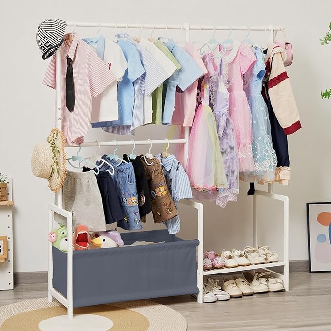Kids Clothing Rack with Storage, Baby Clothes Rack Organizer Made of Natural Bamboo, Adjustable Hanging Rods for Dresses, Jackets, T-Shirts, Child Safe kids closet for Bedroom or Playroom