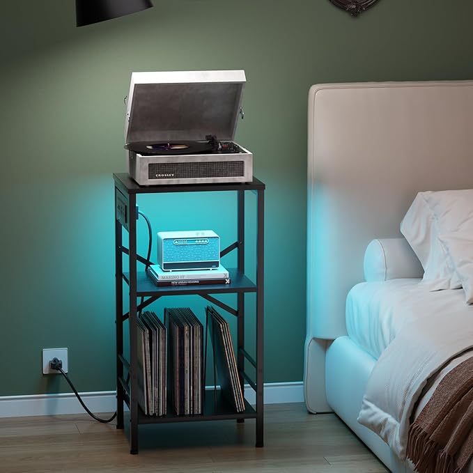 Record Player Stand with Charging Station, 3-Tier End Table with LED Light, Side Table Nightstand for Vinyl Storage,Tall Beside Tables Turntable Stand Living Room, Bedroom, Black